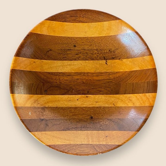 Vintage Handmade Hand Turned Wooden Bowl Pieced Striped Wood 8.75” - Picture 4 of 9